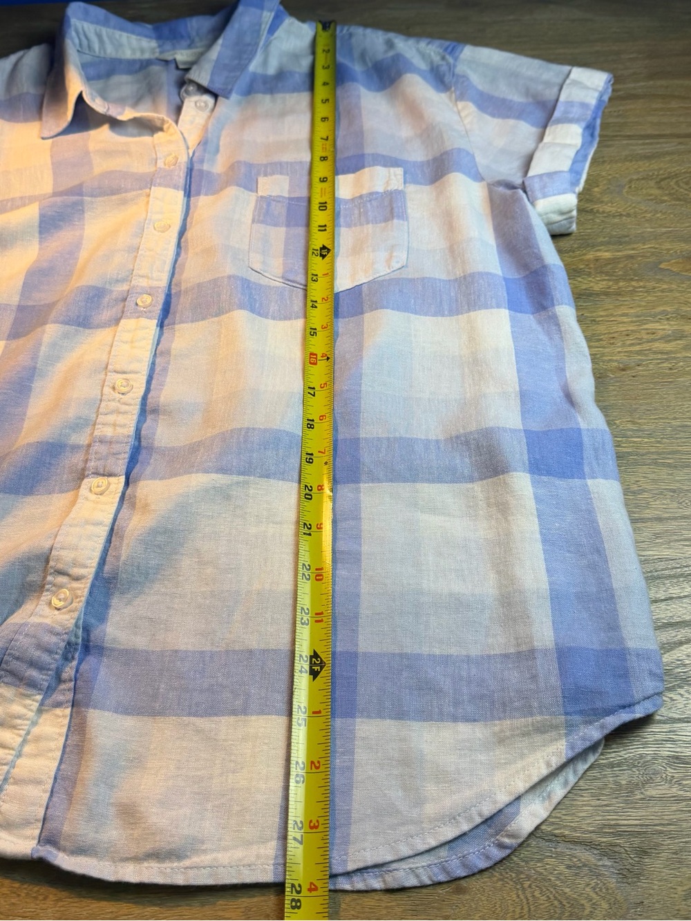 Caslon Light Blue and Cream Short Sleeve Plaid Linen Blend Button-Up Shirt - Picture 7 of 8